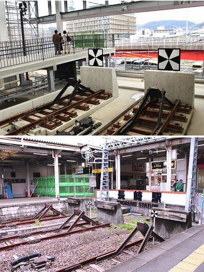 新(上)舊(下)長崎站的止衝擋。    圖片提供：長崎縣觀光連盟